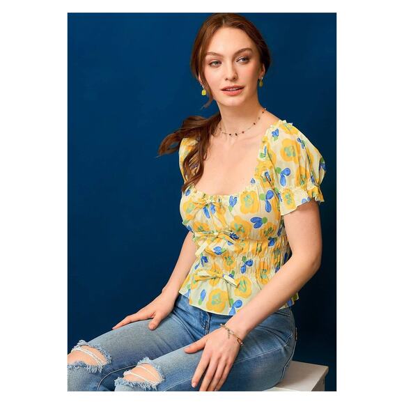 UMGEE Yellow Blue Floral Smocked Peplum Short Sleeve Blouse Top NEW - Picture 3 of 7